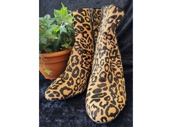 Cow Hide Leopard Print Wedge Ankle Boots