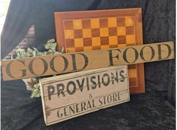 Wood Chessboard And 2 Signs