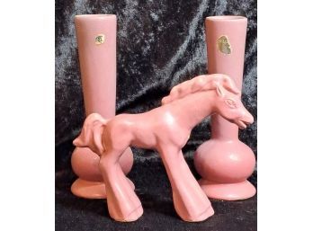 Vintage Niloak Pink Horse And 2 Bud Vases