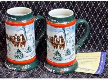 Pair Of Collectible Budweiser Holiday Steins From 1991