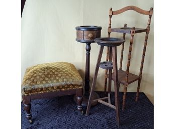 3 Antique Smoking Stands And Antique Footstool