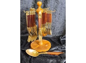 Teak And Brass Hanging Flatware Set From Thailand