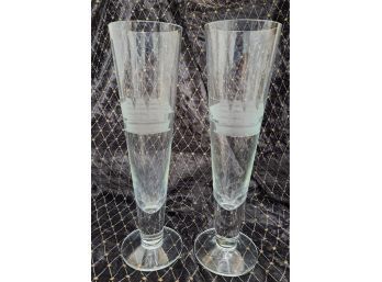 Pair Of Vintage Pilsner Glasses With Etched Clipper Ships