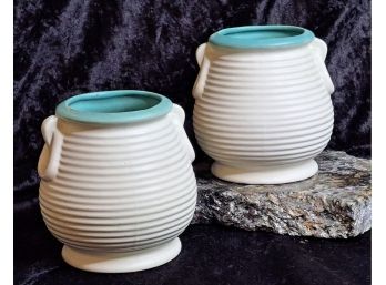 Pair Of Vintage Coors Beehive Vases In Cream And Turquoise