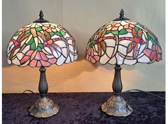 Pair Of Beautiful Stained Glass Dragonfly Lamps