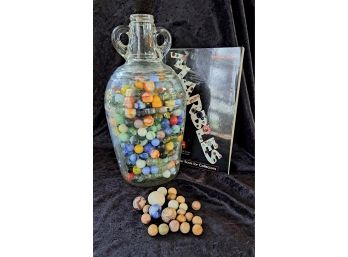 Vintage 1/2 Gallon Jug With Marbles And Collector's Guide- Bonus Clay Marbles