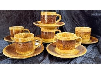 Set Of Six MCM Style Pottery Cups And Saucers