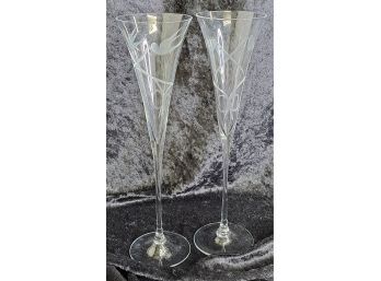 Pair Of Trumpet, Etched Champagne Flutes