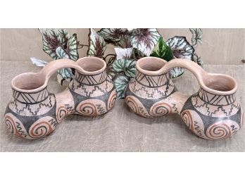 Pair Of Free Trade Painted Clay Double Pots