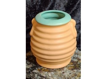 Vintage Coors Beehive Vase In Tan With Turquoise Rim