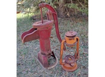 Antique Red Pump And Lantern