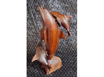 Carved Mama Dolphin And Babies Ironwood Figure