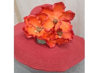 Fabulous Red Straw Hat W/ Hibiscus Flowers