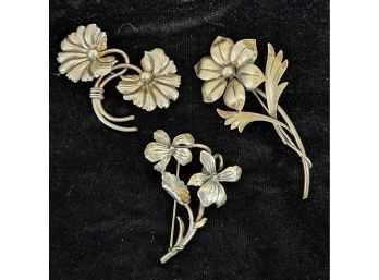 Vintage Trio Of Flower Design Sterling Pins