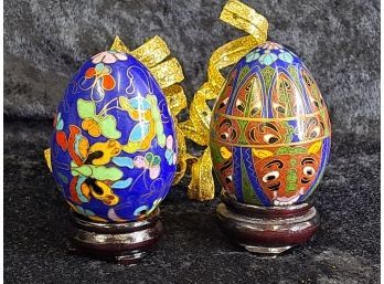 Pair Of Beautiful Cloisonne Eggs Wstands
