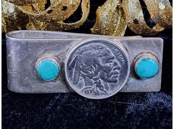 Fabulous Sterling Indian Head Nickle And Jade Money Clip