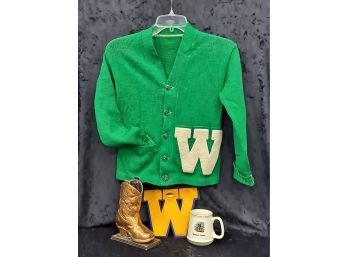 Vintage Copper Childs Boot, Vintage Letterman's Sweater From Wheatland Wyoming, Letter And Wheatland C