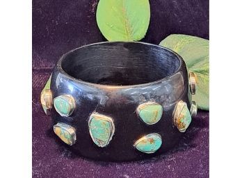 Gorgeous Bakelite Turquoise And Silver Wide Cuff Bracelet