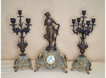 Antique Auguste Moreau Era Bronze Clock Candelabra Trio