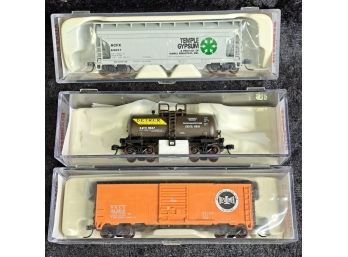 Atlas N Scale Model Trains Covered Hopper, Box Car, Beer Can Tank Car NIB