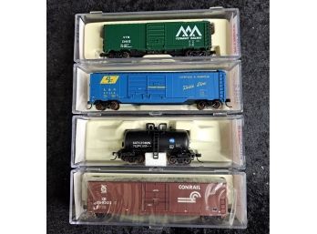 Atlas N Scale Model Train - Three Box Cars And One Beer Can Tank Car NIB