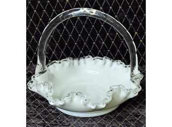 Vintage Fenton Silver Crest White Bride Basket With Ruffled Edge Milk Glass