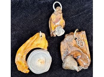 Three Unique Wood And Crystal Pendants