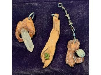 Trio Of Handcrafted Wood And Crystal Pendants