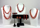 Large Vintage Grouping Of Coral Colored Beaded Necklaces, Bracelets & Earrings