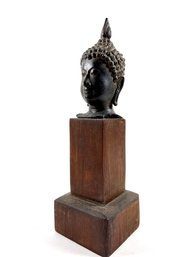 Bronze Buddha Bust Mounted Atop Teak Stand
