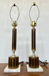 Pair Of Walnut On Marble Table Lamps