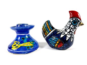 Sgraffito Pottery Bird & Hand-Painted Fish Pottery Candlestick