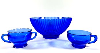 Cobalt Glass Bowl & (2) Handled Cups