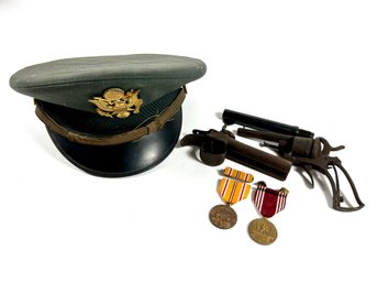 Military Lot - WWII Officer's Cap, (2) Medals, Revolver & Barrel