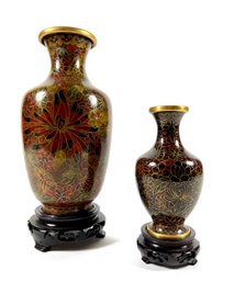 (2) Vintage Chinese Cloisonne Vases & Stands