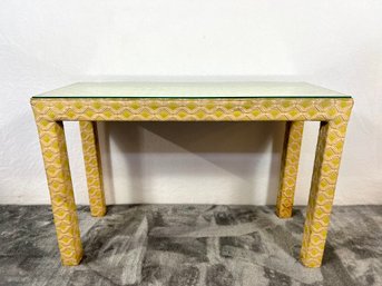 1960s Upholstered Parsons Table W/ Glass Top