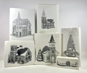 Lot Of Department 56 Porcelain Illuminated Churches, Tree & Gate