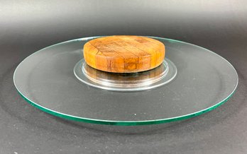 Vintage Teak & Glass Revolving Cheese Plate