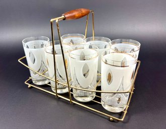 Mid-Century Cocktail Glass Caddy & 7 Glasses