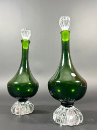 A Lovely Pair Of Green Swedish Decanters - Handblown