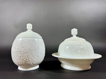 A Pair Of Antique Milk Glass Lidded Containers