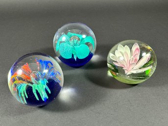 Grouping Of (3) Floral Art Glass Paperweights
