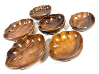 Set Of (6) Scalloped Teak Bowls