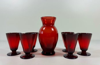 (6) Vintage Ruby Glass Cocktail Glasses & (1) Ruby Glass Vase