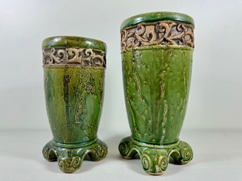 A Pair Of Green Glazed Stoneware Vases