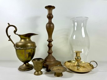 Grouping Of Solid Brass - Candlestick, Lantern, Incense, Pitcher