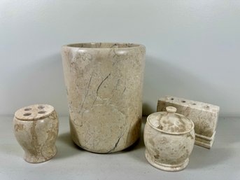 (5) Piece Natural Stone Wastebaskets, Lidded Container, Toothbrush Holders