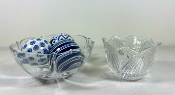 (2) Crystal Bowls & (3) Ceramic Decorative Balls