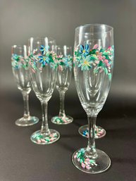 (5) Hand-Painted Champagne Flutes
