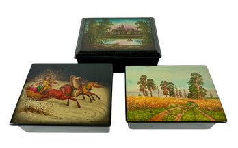 Grouping Of (3) Hand-painted Soviet Russia Wooden Boxes